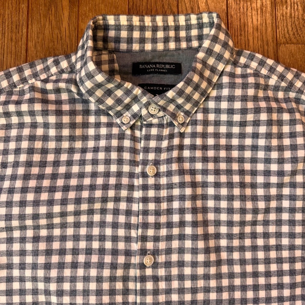 Banana Republic Luxe Flannel Button Up Mens L Camden Fit Gingham Grey Casual‎